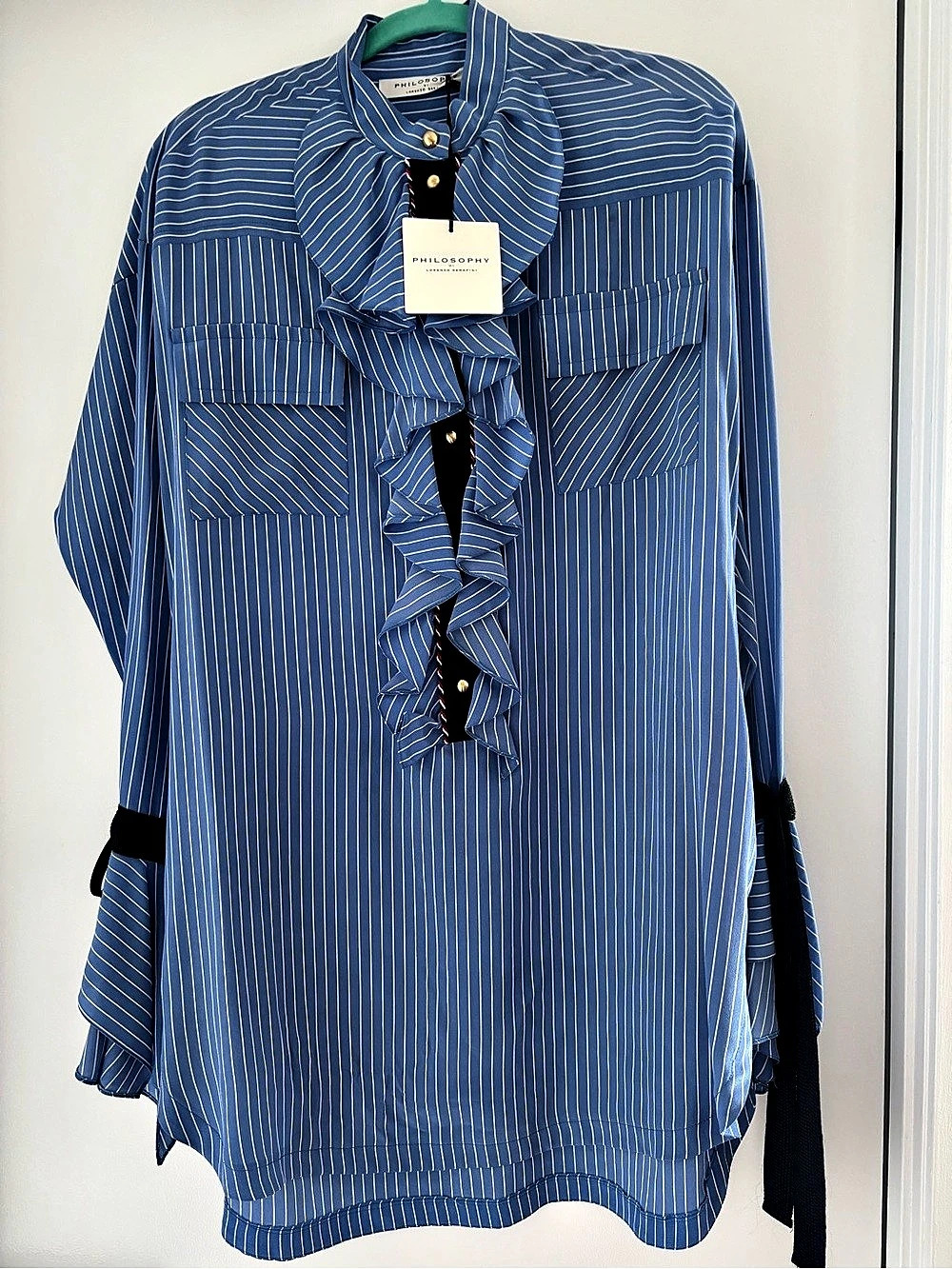 Philosophy Lorenzo Di Serafini Striped Ruffle Front Blouse in Blue & White NWT
